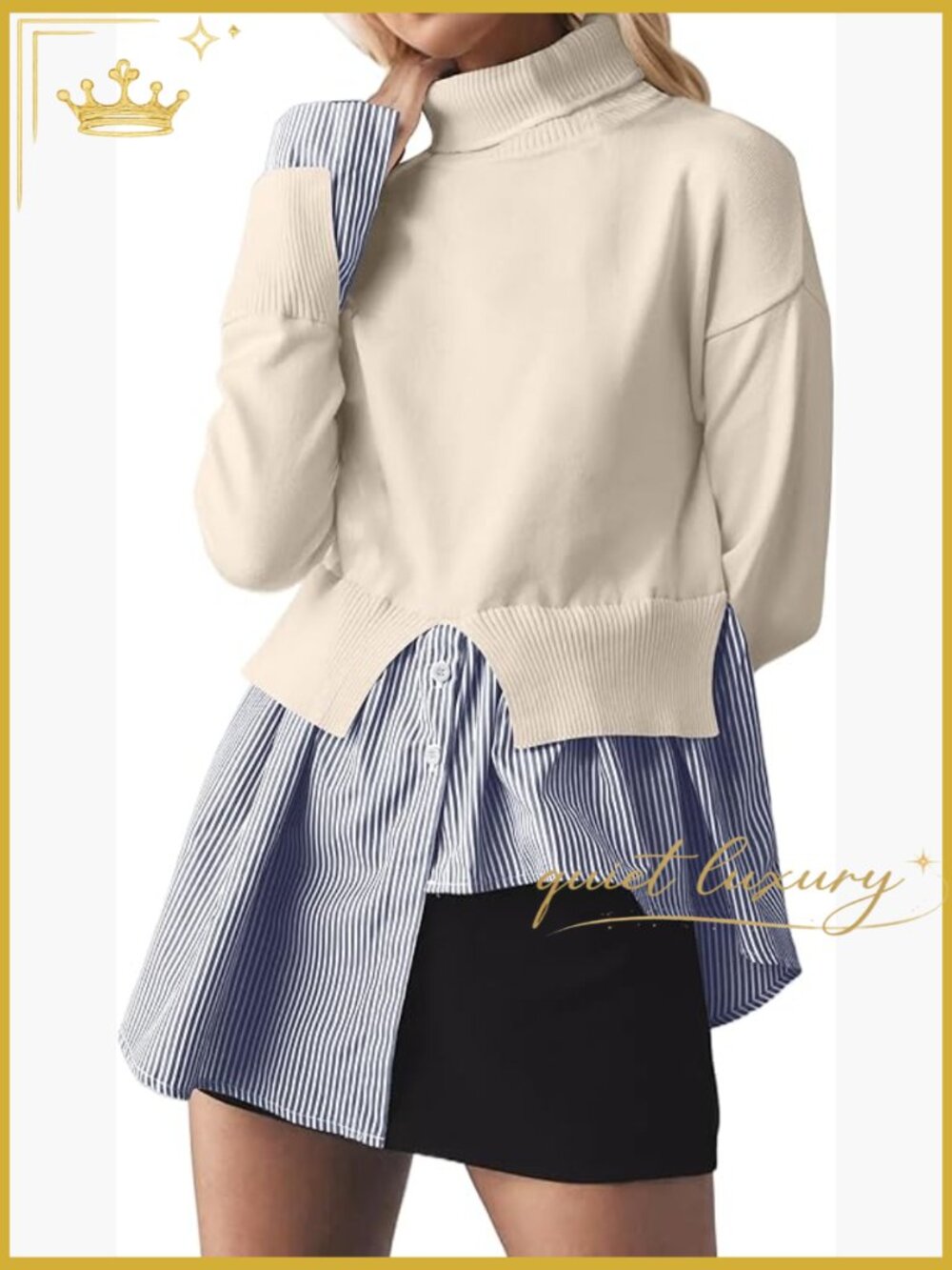 2 in 1 Turtleneck Slit Patchwork Knit Pullover Sweater Blouse Top